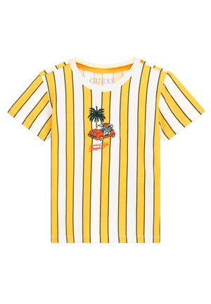 T-shirt z krótkim rękawem w pionowe żółto-białe paski, z centralną grafiką przedstawiającą palmę i pomarańczowy samochód, z czerwonym napisem "Good Life".
