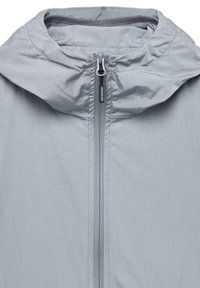 Light gray lightweight jacket with a hood, featuring a full-length zipper and textured fabric. "WEEKEND" label visible on the zipper.