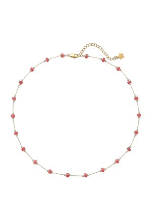 Zarte goldene Halskette mit gleichmäßig verteilten kleinen pinkfarbenen zylindrischen Perlen und einem goldenen sternförmigen Verlängerungsverschluss.