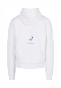 Witte cropped hoodie met een relaxte pasvorm, een capuchon en geribbelde manchetten. Heeft een paarse veer graphic en tekst op de achterkant.