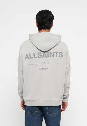 Sweatshirt à capuche gris avec le texte au dos "ALLSAINTS" et "Message à un père" au-dessus de "LONDRES" ; présente des poignets côtelés et une coupe décontractée.