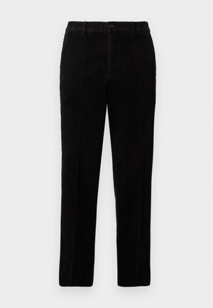 Pantaloni in corduroy neri con taglio dritto, caratterizzati da chiusura con bottone e tessuto a coste testurizzato. Design sartoriale con tasche laterali.