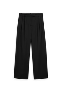 Zwarte hoge taille royale broek met riemlussen en voorkruisplooien, plat gepresenteerd op een witte achtergrond.