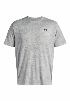 Gray short-sleeve athletic shirt with a textured pattern, featuring a round neckline and a small black logo on the left chest area.
