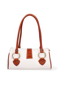 Borsa bianca con dettagli in pelle marrone, hardware metallico rotondo, due manici robusti e cuciture decorative sulla parte anteriore.