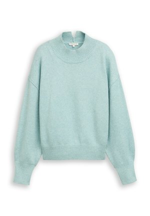 Világos türkizkék kötött pulóver magas, bordázott nyakkal, leejtett vállakkal és bordázott szegéllyel. Puha tapintású és bő szabású.