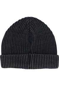 Knitted beanie in dark gray with lighter gray stripes, featuring a fold-over ribbed cuff and a smooth, textured finish.