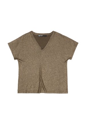 Camiseta marrón de corte ancho, de manga corta y cuello en V, holgada y con una textura jaspeada sutil, colocada plana sobre un fondo blanco.