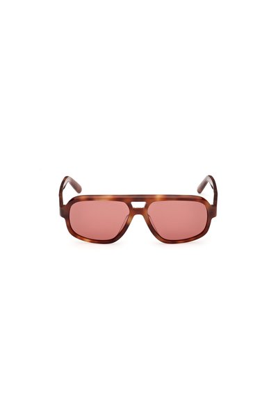 Occhiali da sole tortoise brown con lenti rettangolari rosa e bracci spessi caratterizzati da un dettaglio ritagliato sul ponte.
