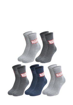 Set of five pairs of crew socks in light gray, dark gray, and navy blue, featuring a red "MARVEL" logo on the cuff. Soft, textured fabric.