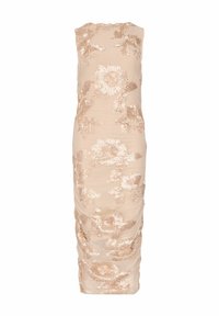 Bezešvé béžové midi šaty s lesklou květinovou výšivkou a řasenou spodní částí, navržené pro dobře padnoucí siluetu.