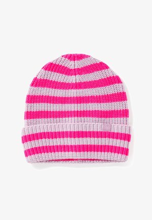 Berretto lavorato a maglia con strisce alternate rosa e grigio chiaro. Presenta un risvolto con un'etichetta del logo di piccole dimensioni in un colore abbinato.