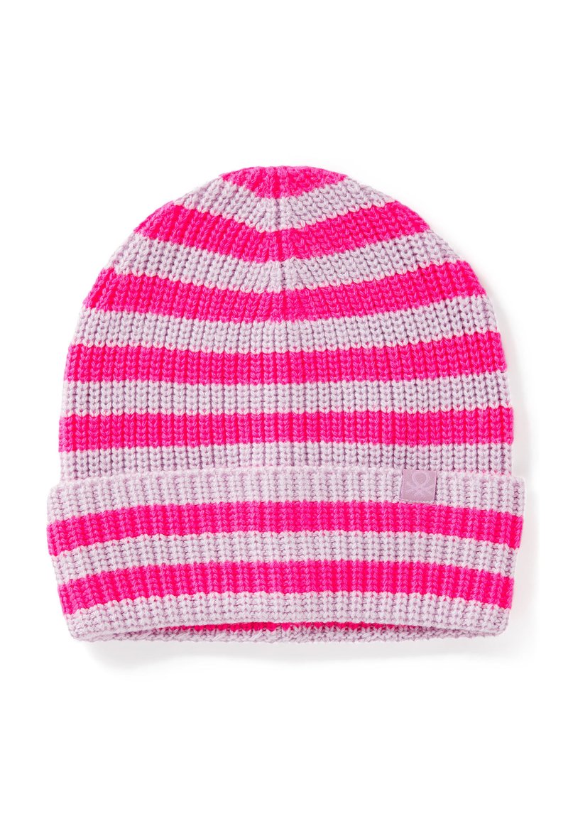 Berretto lavorato a maglia con strisce alternate rosa e grigio chiaro. Presenta un risvolto con un'etichetta del logo di piccole dimensioni in un colore abbinato.