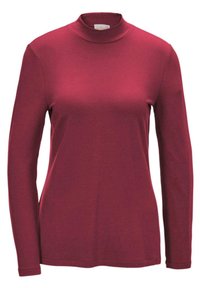 Langarm-T-Shirt mit Stehkragen in tiefem Burgunderrot, gefertigt aus weichem, dehnbarem Stoff mit taillierter Passform und glatter Textur.