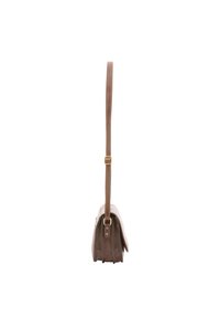 Borsa a tracolla in pelle marrone con una singola tracolla regolabile, forma rettangolare piatta, dettagli di cucitura sottili e una texture liscia.