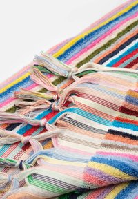 Multicolored woven blanket with horizontal stripes in pink, blue, yellow, and green. Features fringed edges and varied textured patterns.