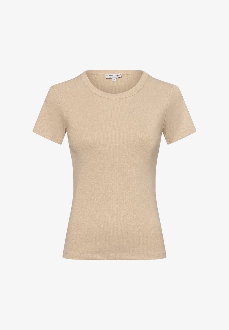 Beige short-sleeve t-shirt made of ribbed fabric. Features a round neckline and a fitted shape, with a soft texture and minimal detailing.