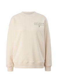 Felpa beige realizzata in morbido tessuto, con scollatura a girocollo e cuciture delle spalle abbassate. Testo "FAI UN PASSO PER TE STESSO" in nero sulla parte anteriore.