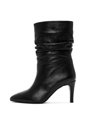 Black leather ankle boot with a slouchy design, pointed toe, and stiletto heel. Smooth texture and minimal hardware details.