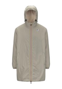 Manteau long beige clair avec une capuche, doté d'une fermeture éclair à l'avant et de rayures multicolores, des poignets élastiques et des poches latérales. Doublure intérieure douce.