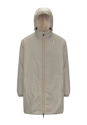 Manteau long beige clair avec une capuche, doté d'une fermeture éclair à l'avant et de rayures multicolores, des poignets élastiques et des poches latérales. Doublure intérieure douce.