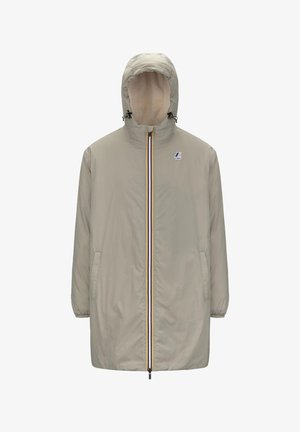 Manteau long beige clair avec une capuche, doté d'une fermeture éclair à l'avant et de rayures multicolores, des poignets élastiques et des poches latérales. Doublure intérieure douce.