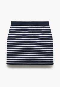 Gonna blu navy con strisce orizzontali bianche, vita elasticizzata e taglio dritto. Il tessuto appare morbido e liscio.