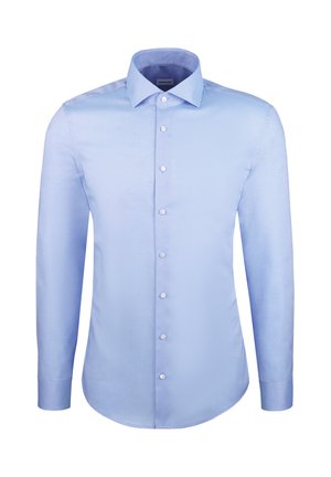 Lichtblauw langemouwen shirt van gladde stof, met een puntige kraag, zeven knoopsluitingen en een afgeronde zoom.