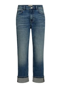 Jeans de mezclilla de color azul claro con un diseño de pierna recta, puños doblados, estilo de cinco bolsillos y cierre de botón metálico en la cintura.