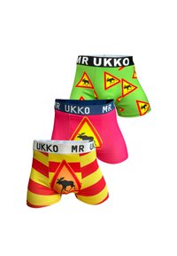 Boxers ajustados para hombre, con colores vivos: verde con señales de advertencia, rosa en color sólido y rayas rojas y amarillas. El material es elástico y suave.