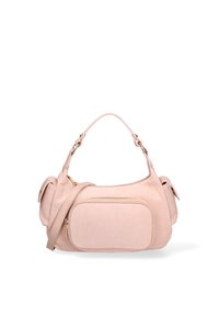 Borsa a mano in suede rosa con design strutturato, dotata di tracolla media, hardware di tono oro e tasca con zip sul fronte.