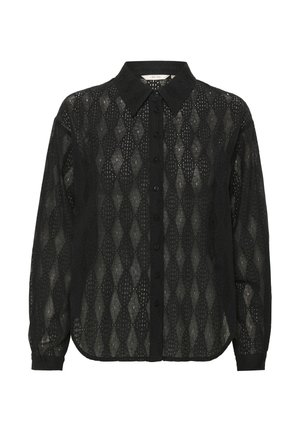 Camicia nera con bottoni realizzata in tessuto trasparente con un motivo a rombi e colletto a punta. Maniche lunghe con polsini abbottonati.