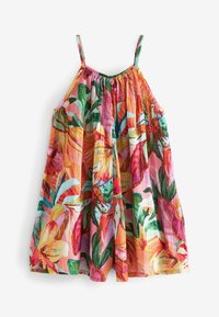 Vestido floral colorido con tirantes finos, hecho de un tejido ligero. Presenta pétalos y hojas en vibrantes tonos de rojo, rosa, verde y naranja.