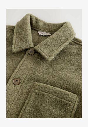 Olive green wool blend jacket with a collar, two-button front closure, and a chest pocket. Soft texture with a slightly fuzzy finish.