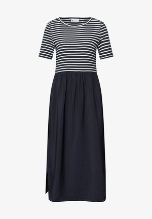 Granatowa sukienka z krótkimi rękawami, biało-granatowa w paski góra, marszczona w talii, z rozcięciem na dolnej stronie spódnicy.