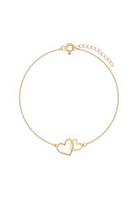 Złota bransoletka łańcuszkowa z dwoma splecionymi sercami jako centralnym elementem. Regulowana długość z zapięciem na karabińczyk.