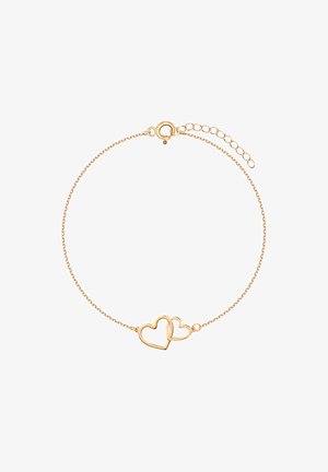 Złota bransoletka łańcuszkowa z dwoma splecionymi sercami jako centralnym elementem. Regulowana długość z zapięciem na karabińczyk.