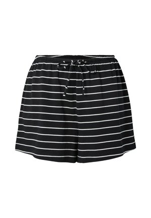 Sorte shorts med hvide vandrette striber, elastik i taljen og snøre foran, vist på hvid baggrund.