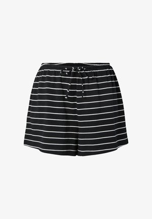 Sorte shorts med hvide vandrette striber, elastik i taljen og snøre foran, vist på hvid baggrund.