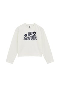 Bijela long-sleeve crop majica s natpisom "AU REVOIR" u tamnoplavoj boji uz cvjetne detalje, izrađena od mekog materijala s glatkom teksturom.