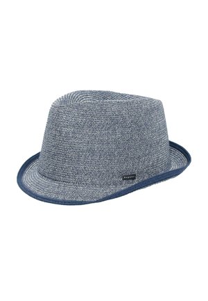 Gray woven fedora hat with a narrow dark blue brim and a small Bugatti brand tag on the side.