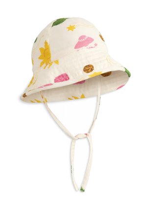 Cappello a secchiello per bambini color crema con motivi di sole giallo, UFO rosa, stelle e pianeti, con stringhe da mento annodate.