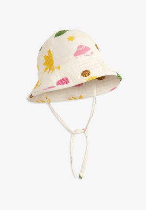 Cappello a secchiello per bambini color crema con motivi di sole giallo, UFO rosa, stelle e pianeti, con stringhe da mento annodate.