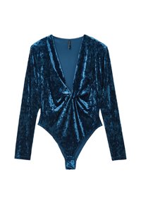 Body in velluto blu profondo, con maniche lunghe, scollatura a V e un design frontale attorcigliato che si trasforma in un fondo a perizoma.