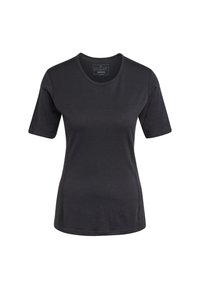 T-shirt noir en coton avec un col rond et des manches courtes. Texture douce, design minimaliste, sans motifs ni accents visibles.