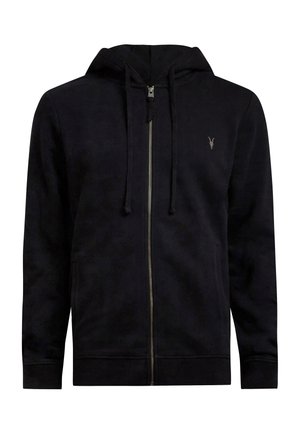 Schwarze Zip-Up-Trainingsjacke aus weichem Stoff mit einem Frontreißverschluss, zwei seitlichen Taschen und einer Kapuze mit verstellbarem Kordelzug. Kleines Logo-Detail auf der Brust.