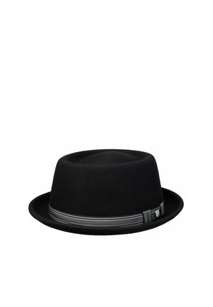 Black felt fedora hat with a gray and black striped ribbon band and small round metallic detail on the side.