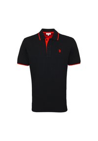 Polo noir en coton, avec des accents rouges sur le col et les manches, deux boutons au cou et un petit logo brodé.