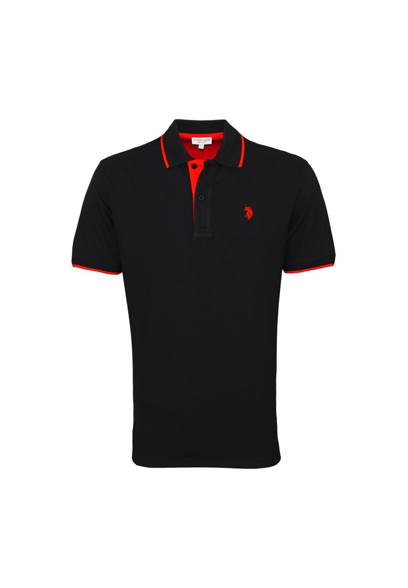 Polo noir en coton, avec des accents rouges sur le col et les manches, deux boutons au cou et un petit logo brodé.