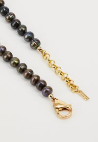 Collier en perles avec des perles iridescentes sombres, un matériel en métal doré et un fermoir à homard ; comprend une petite étiquette avec le nom de la marque.